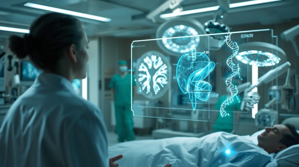 AI doctor consults with a patient, displaying real time 3D scans of organs